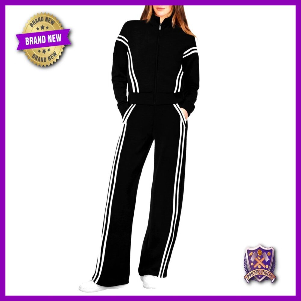 Soft Tracksuit Set with Zip Hoodie and Wide Leg Sweatpants, Pockets - Picture 1 of 7